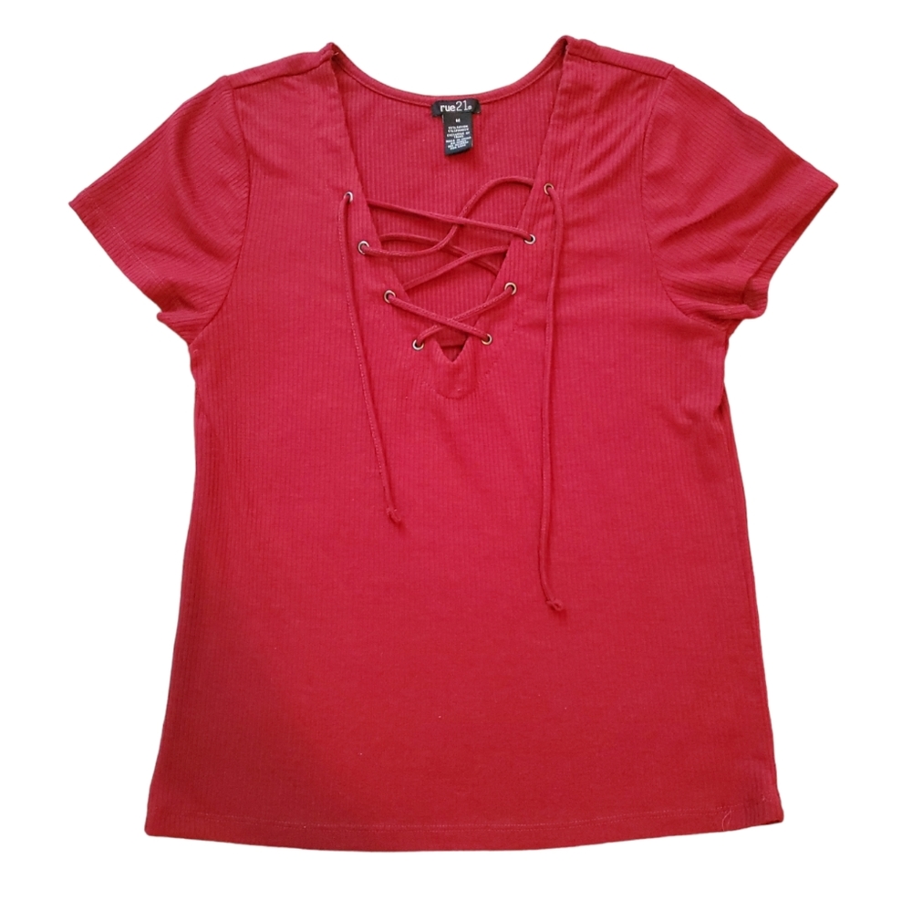 Rue 21 burgundy lace up shirt - Picture 3 of 7